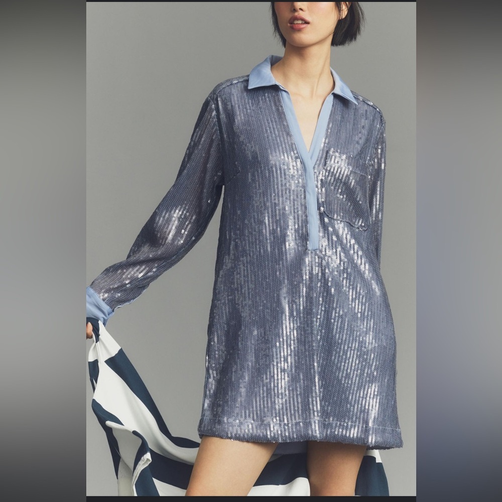 Pilcro Long Sleeve Sequin Mini Shirt Dress Blue Womens Size XL Collard Neckline - Picture 3 of 12